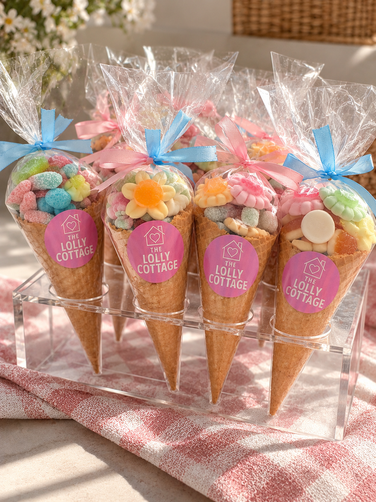 TLC branded lolly party cones with pink and blue ribbons, arranged in a clear display stand